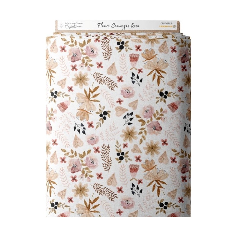 Tissu coton imprimé Fleurs Sauvages Roses - Certifié Oeko-Tex® Mercerie des Princesses