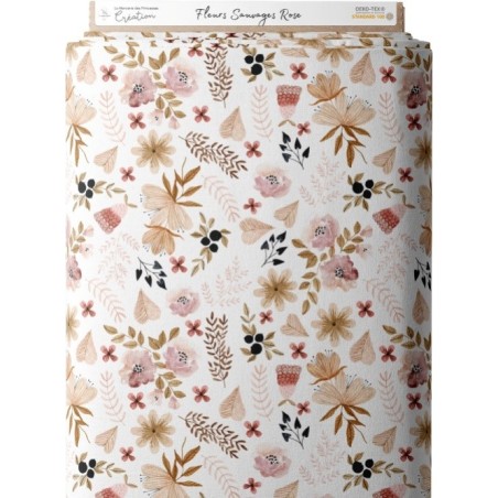 Tissu coton imprimé Fleurs Sauvages Roses - Certifié Oeko-Tex® Mercerie des Princesses