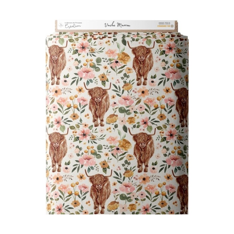 Tissu coton imprimé Vache Marron - Certifié Oeko-Tex® Mercerie des Princesses