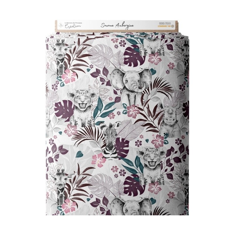 Tissu coton imprimé pour enfants Savane Aubergine- Certifié Oeko-Tex® Mercerie des Princesses