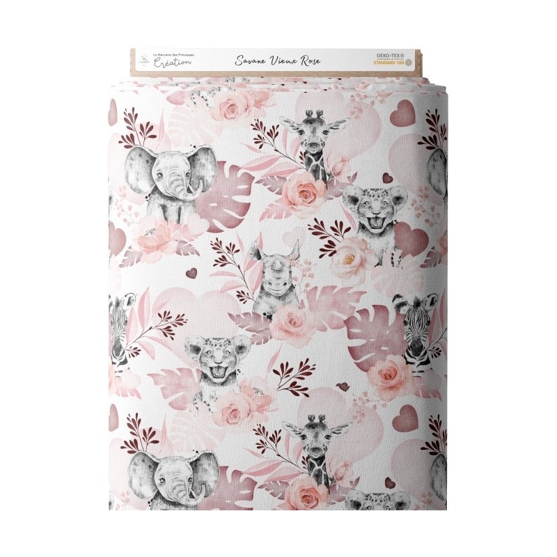 Tissu coton imprimé pour enfants Savane Vieux Rose- Certifié Oeko-Tex® Mercerie des Princesses