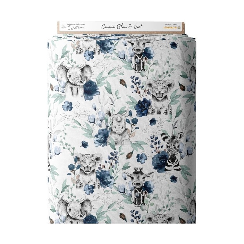 Tissu coton imprimé pour enfants Savane Bleu & Vert- Certifié Oeko-Tex® Mercerie des Princesses