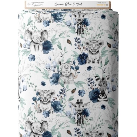 Tissu coton imprimé pour enfants Savane Bleu & Vert- Certifié Oeko-Tex® Mercerie des Princesses