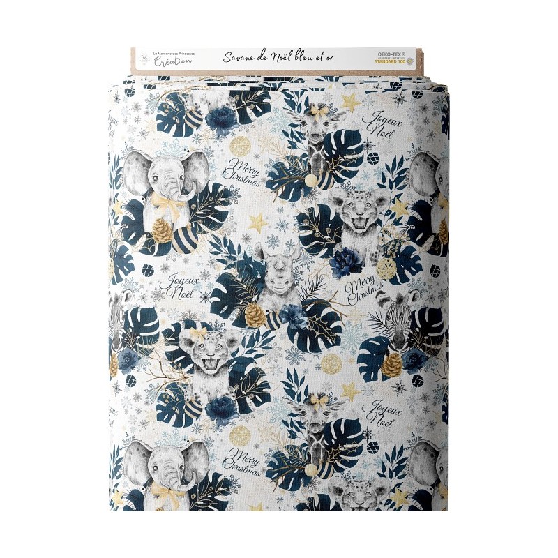 Tissu coton imprimé Savane de Noël Bleu et Or - Certifié Oeko-Tex® Mercerie des Princesses