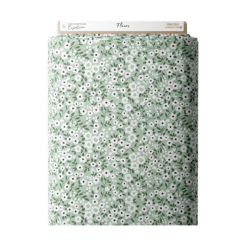 Tissu coton imprimé Fleurs Fond Vert - Certifié Oeko-Tex® Mercerie des Princesses