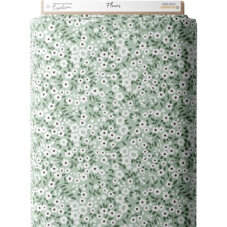 Tissu coton imprimé Fleurs Fond Vert - Certifié Oeko-Tex® Mercerie des Princesses