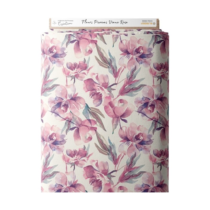 Tissu coton Pivoines Vieux Rose Mercerie des Princesses