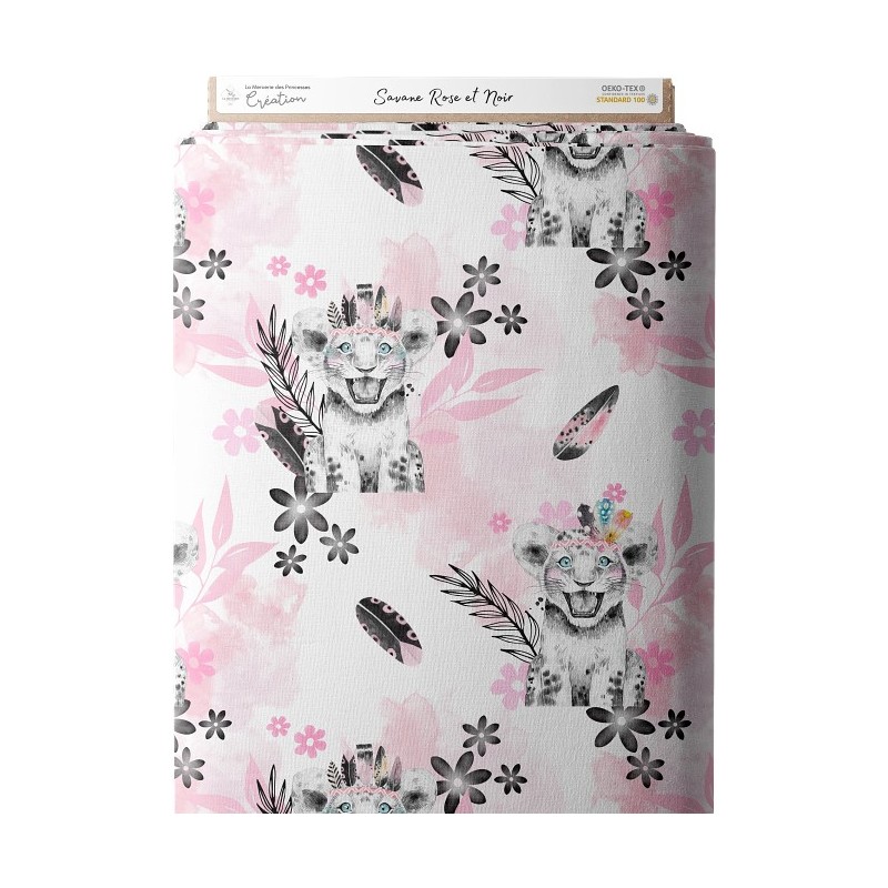 Tissu coton imprimé pour enfants Savane Rose et Noir- Certifié Oeko-Tex® Mercerie des Princesses