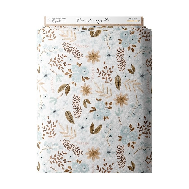 Tissu coton imprimé Fleurs Sauvages Bleu - Certifié Oeko-Tex® Mercerie des Princesses