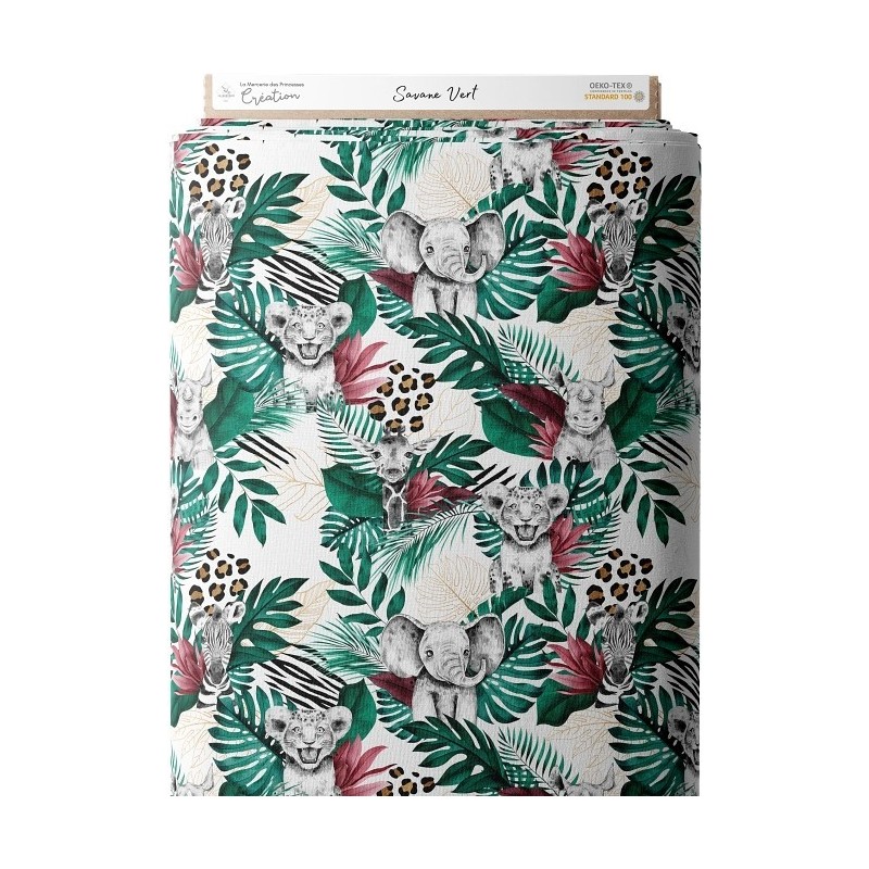 Tissu coton imprimé pour enfants Savane Vert - Certifié Oeko-Tex® Mercerie des Princesses
