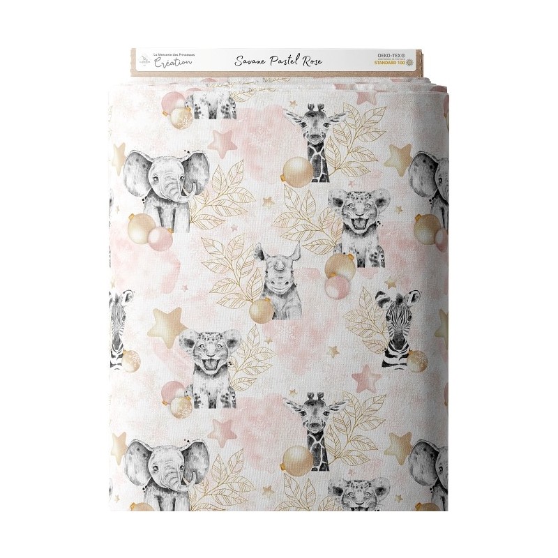 Tissu coton imprimé pour enfants Savane Pastel Rose- Certifié Oeko-Tex® Mercerie des Princesses