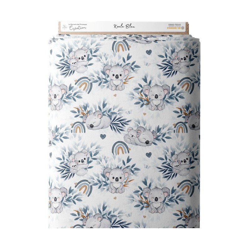 Tissu coton imprimé pour enfants Koala Bleu  - Certifié Oeko-Tex® Mercerie des Princesses