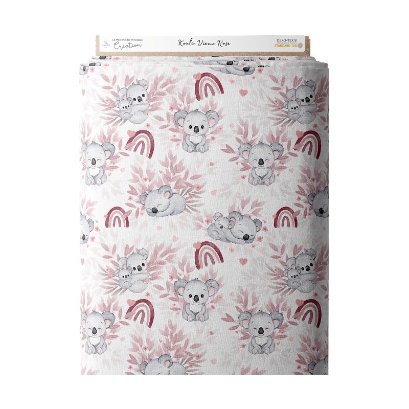 Tissu coton imprimé Koala Vieux Rose - Certifié Oeko-Tex® Mercerie des Princesses