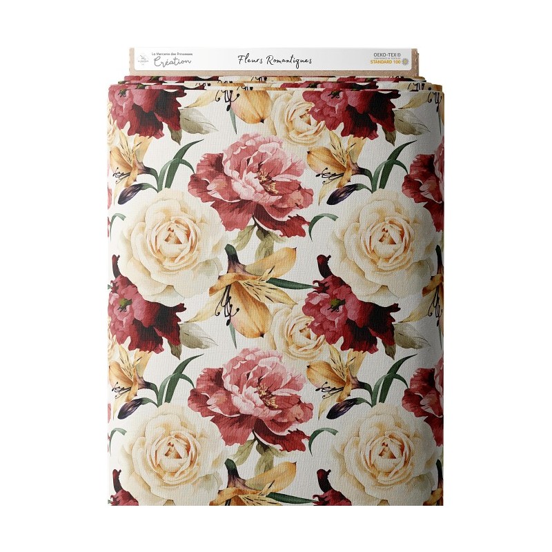 Tissu coton imprimé Fleurs Romantiques - Certifié Oeko-Tex® Mercerie des Princesses