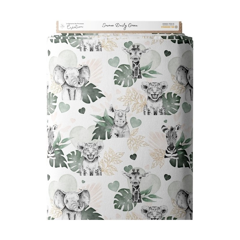 Tissu coton imprimé pour enfants Savane Dusty Green- Certifié Oeko-Tex® Mercerie des Princesses