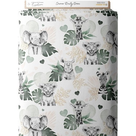 Tissu coton imprimé pour enfants Savane Dusty Green- Certifié Oeko-Tex® Mercerie des Princesses