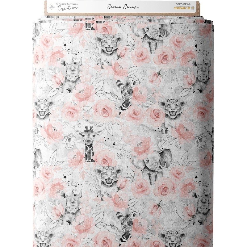 Tissu coton imprimé pour enfants Savane Rose Saumon et nuances de gris- Certifié Oeko-Tex® Mercerie des Princesses