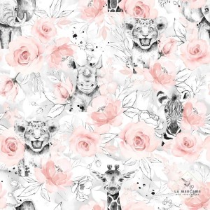  Tissu coton imprimé pour enfants Savane Rose Saumon et nuances de gris- Certifié Oeko-Tex® Mercerie des Princesses