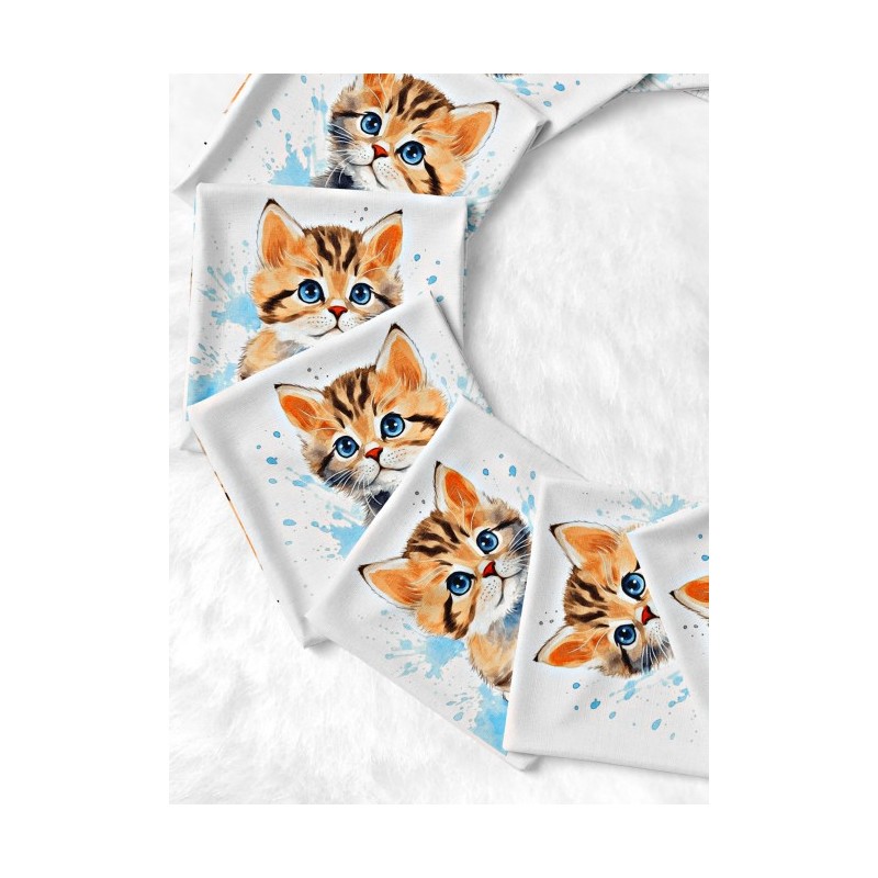 Coupon Lingettes Chat fond bleu coton imprimé à réaliser soi-même  - Certifié Oeko-Tex®