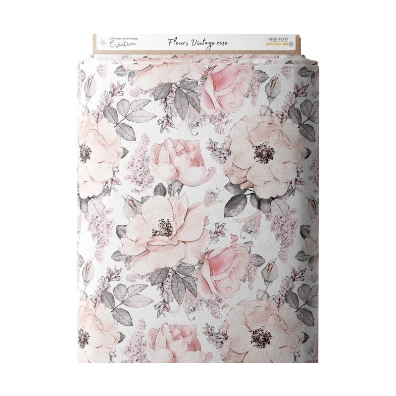 Tissu coton imprimé Fleurs Vintage Rose - Certifié Oeko-Tex® Mercerie des Princesses