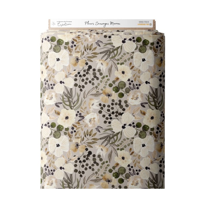 Tissu coton imprimé Fleurs Sauvages Marron - Certifié Oeko-Tex® Mercerie des Princesses