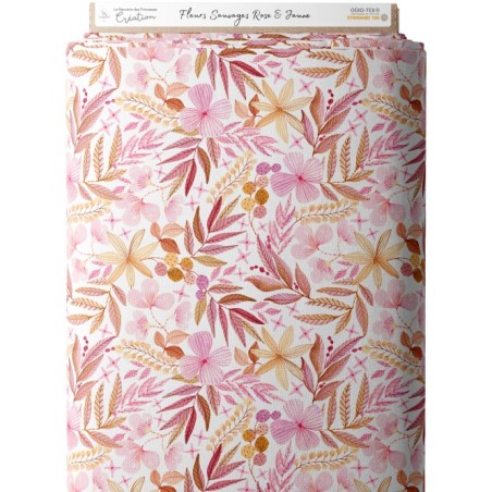 Tissu coton imprimé Fleurs Sauvages Rose & Jaune - Certifié Oeko-Tex® Mercerie des Princesses