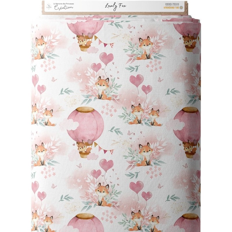 Tissu coton imprimé pour enfants Lovely Fox Rose- Certifié Oeko-Tex® Mercerie des Princesses