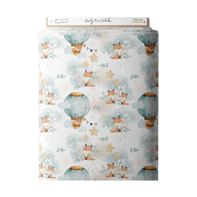 Tissu coton imprimé pour enfants Lovely Fox Céladon- Certifié Oeko-Tex® Mercerie des Princesses