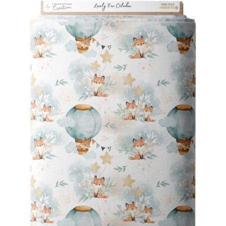 Tissu coton imprimé pour enfants Lovely Fox Céladon- Certifié Oeko-Tex® Mercerie des Princesses