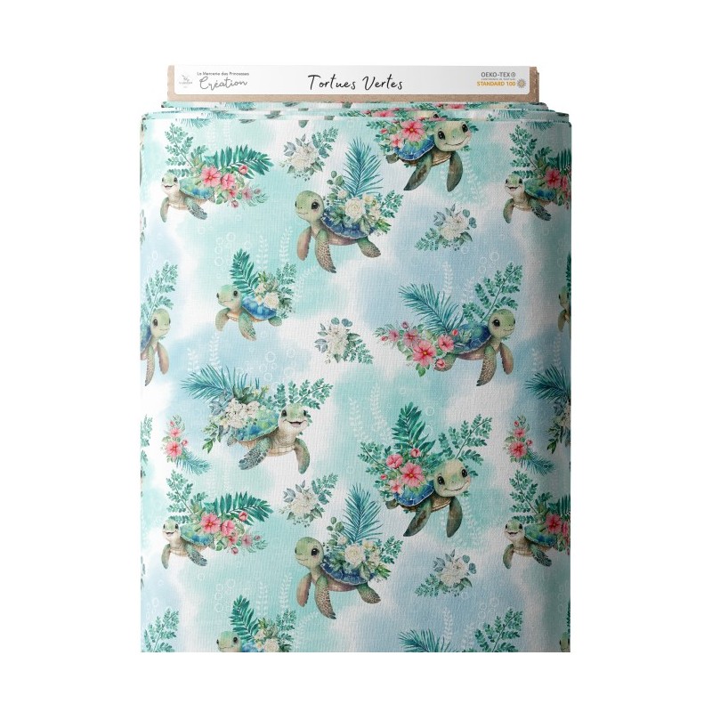 Tissu coton imprimé Tortues Vertes - Certifié Oeko-Tex® Mercerie des Princesses