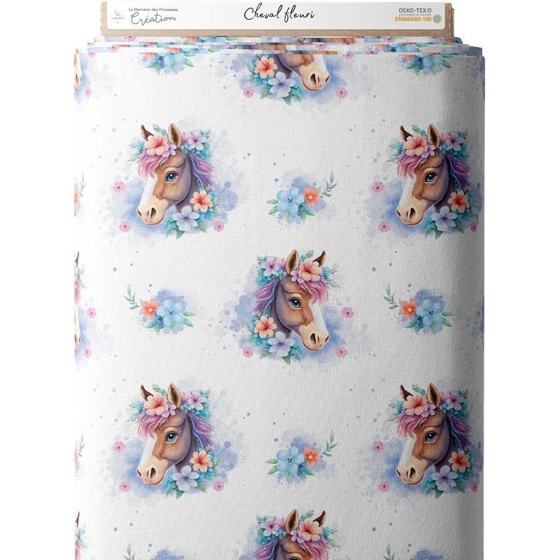 Tissu coton imprimé pour enfants cheval fleuri - Certifié Oeko-Tex® Mercerie des Princesses
