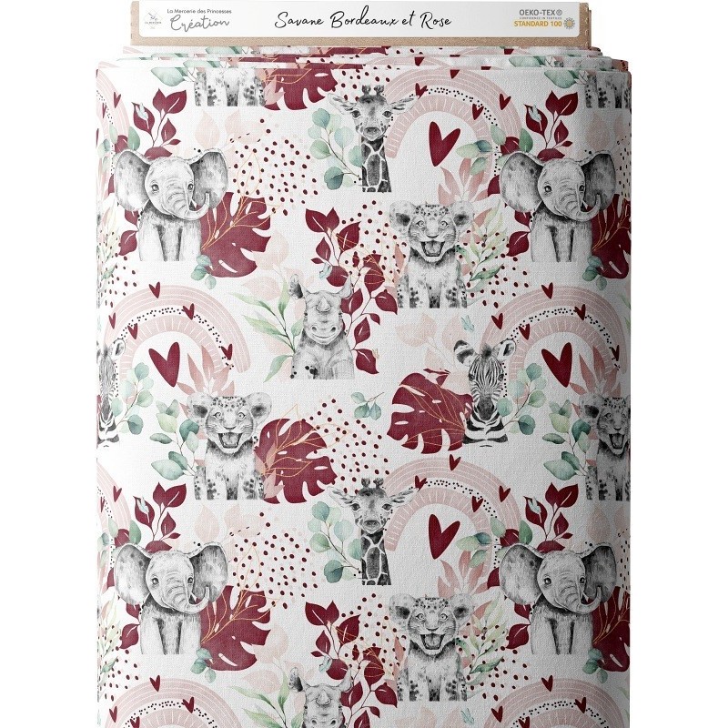 Tissu coton imprimé pour enfants Savane Bordeaux Rose - Certifié Oeko-Tex® Mercerie des Princesses