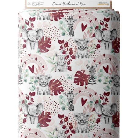 Tissu coton imprimé pour enfants Savane Bordeaux Rose - Certifié Oeko-Tex® Mercerie des Princesses