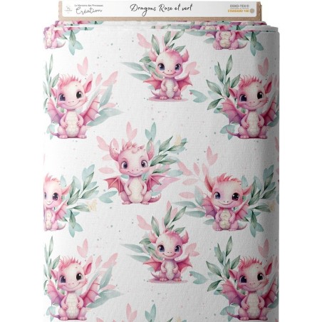 Tissu coton imprimé pour enfants Dragons Roses et Verts- Certifié Oeko-Tex® Mercerie des Princesses