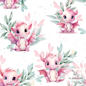  Tissu coton imprimé pour enfants Dragons Roses et Verts- Certifié Oeko-Tex® Mercerie des Princesses