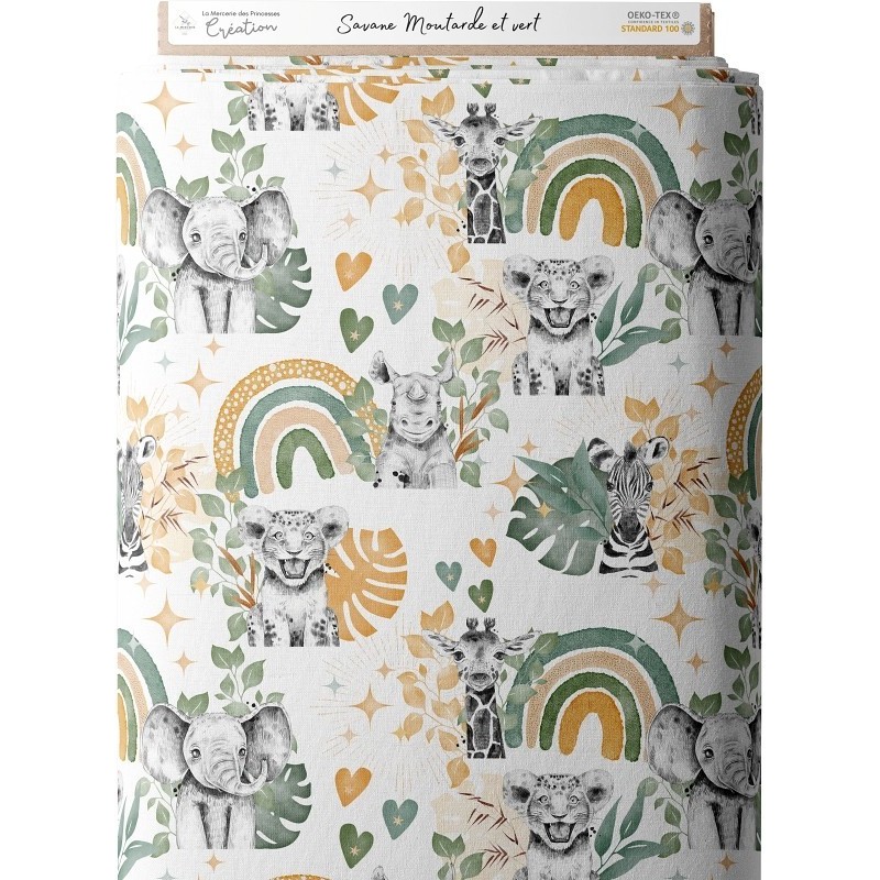 Tissu coton imprimé pour enfants Savane Moutarde et Vert - Certifié Oeko-Tex® Mercerie des Princesses