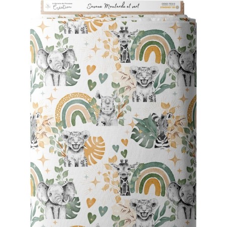 Tissu coton imprimé pour enfants Savane Moutarde et Vert - Certifié Oeko-Tex® Mercerie des Princesses
