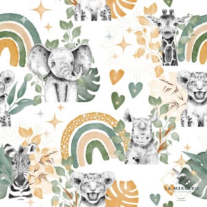  Tissu coton imprimé pour enfants Savane Moutarde et Vert - Certifié Oeko-Tex® Mercerie des Princesses