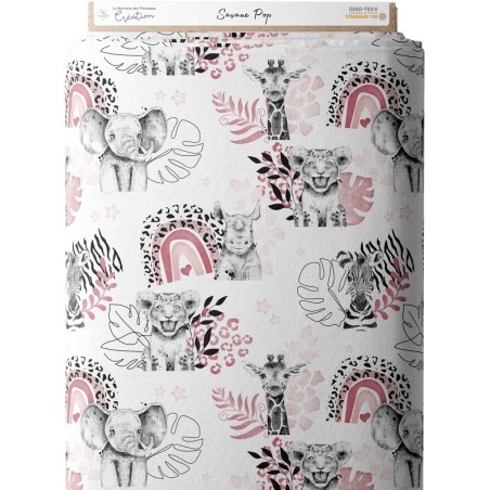 Tissu coton imprimé pour enfants Savane Pop Rose - Certifié Oeko-Tex® Mercerie des Princesses