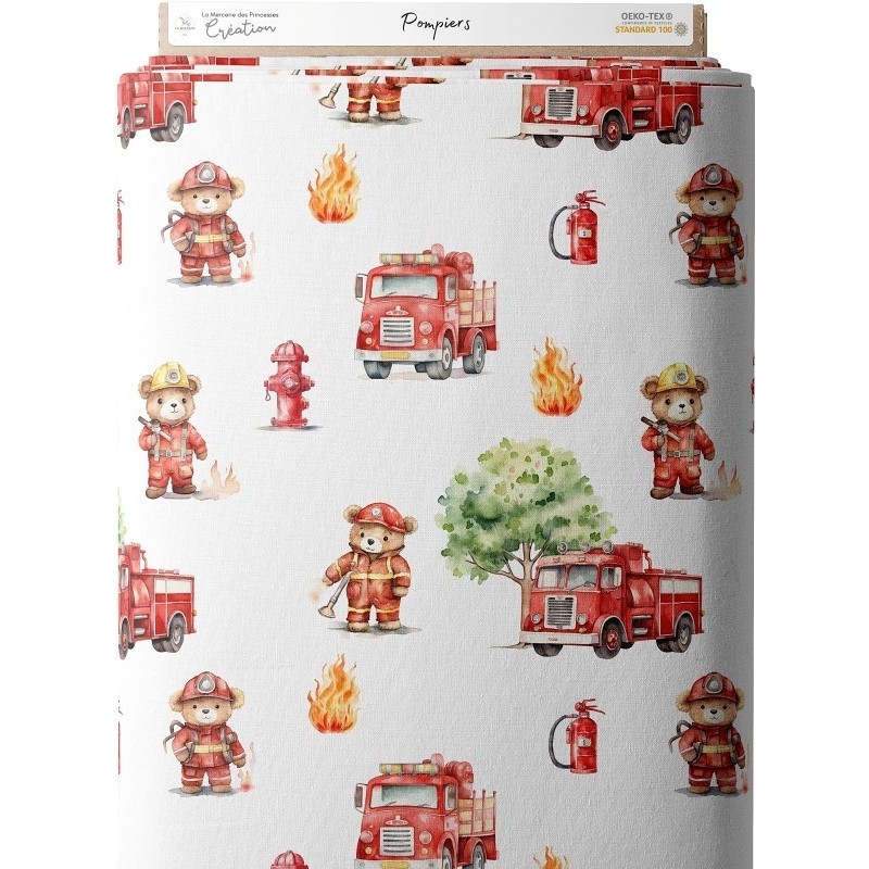 Tissu coton imprimé pour enfants Pompiers - Certifié Oeko-Tex® Mercerie des Princesses