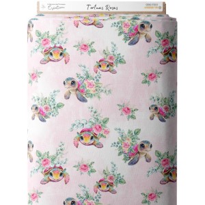 Tissu coton imprimé Tortues Roses - Certifié Oeko-Tex® Mercerie des Princesses