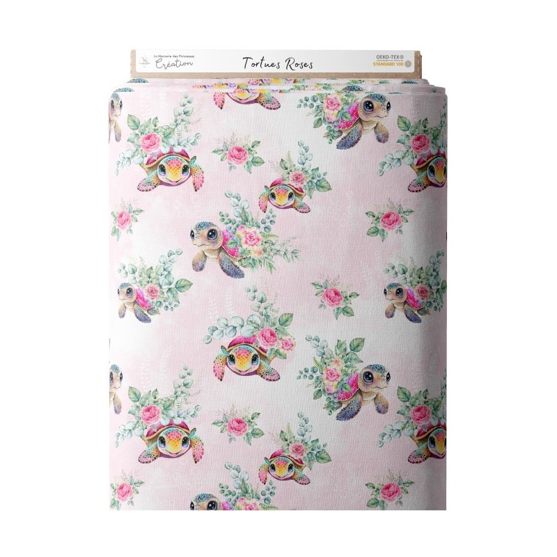 Tissu coton imprimé Tortues Roses - Certifié Oeko-Tex® Mercerie des Princesses