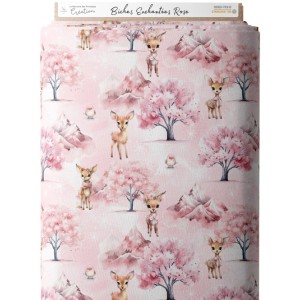 Tissu coton imprimé pour enfants Biche Enchantée Rose - Certifié Oeko-Tex® Mercerie des Princesses