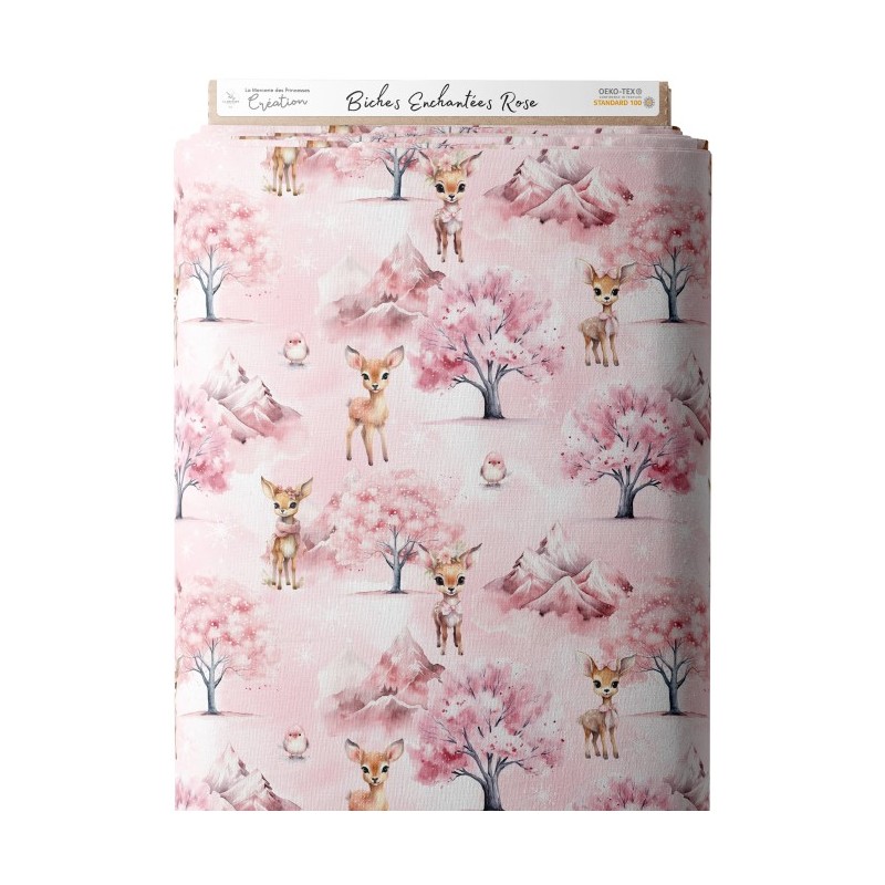 Tissu coton imprimé pour enfants Biche Enchantée Rose - Certifié Oeko-Tex® Mercerie des Princesses