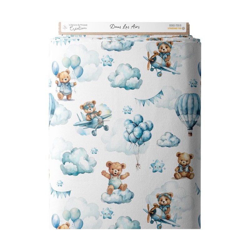 Tissu coton imprimé pour enfants Ourson Dans Les Airs- Certifié Oeko-Tex® Mercerie des Princesses