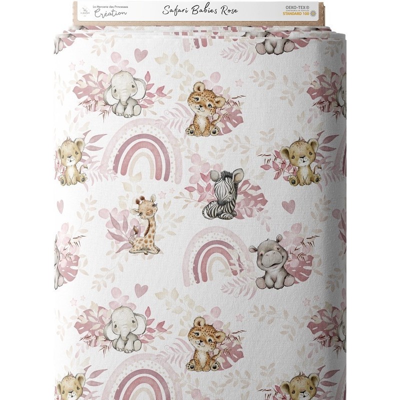 Tissu coton imprimé pour enfants Safari Babies Rose- Certifié Oeko-Tex® Mercerie des Princesses