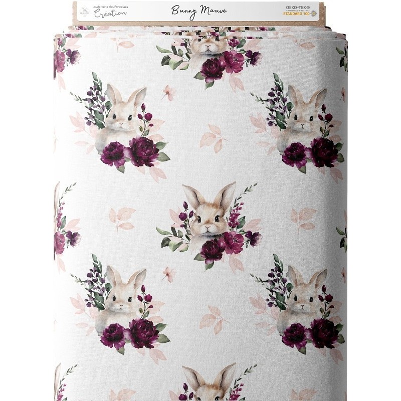 Tissu coton imprimé pour enfants Bunny mauve- Certifié Oeko-Tex® Mercerie des Princesses