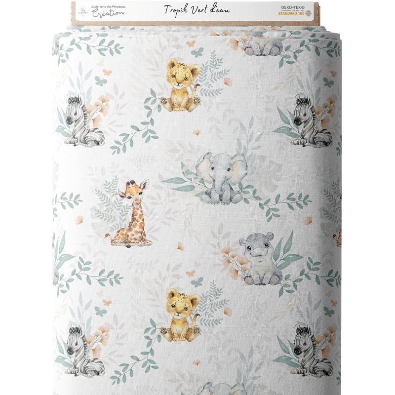 Tissu coton imprimé pour enfants Tropik Vert d'eau- Certifié Oeko-Tex® Mercerie des Princesses