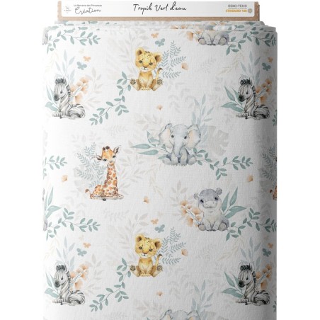 Tissu coton imprimé pour enfants Tropik Vert d'eau- Certifié Oeko-Tex® Mercerie des Princesses