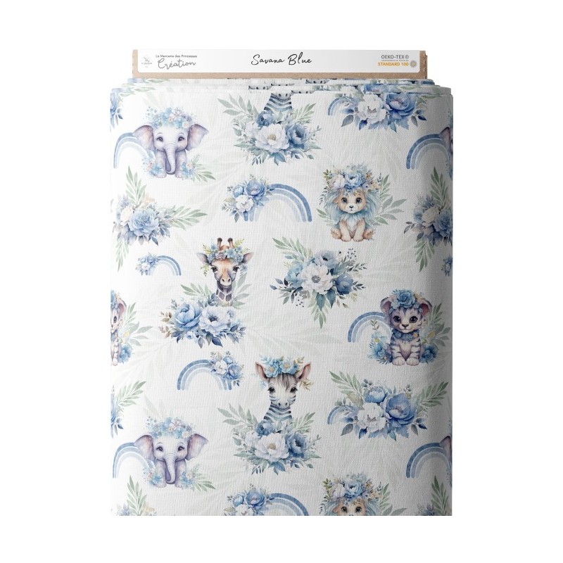 Tissu coton imprimé pour enfants Savana Blue- Certifié Oeko-Tex® Mercerie des Princesses